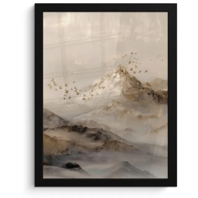 FrameYourWall Poster in lijst - Fotolijst 30x40 cm - Posters - Berglandschap - Mist - Penseelstreken - Posterlijst zwart - Decoratie - Wanddecoratie woonkamer - Muurdecoratie slaapkamer Berglandschap - Mist - Vogels
