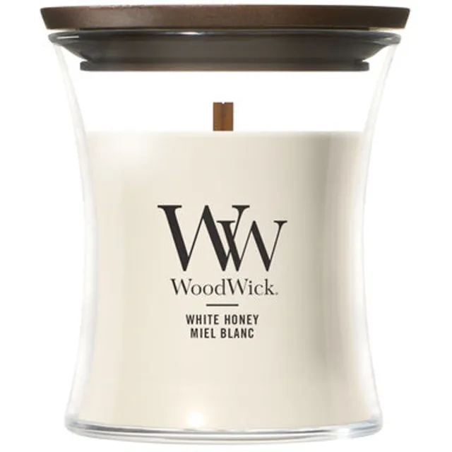 Woodwick Geurkaars Mini Candle - White Honey - 20 branduren - 85gr - 8 cm / ø 7 cm wit
