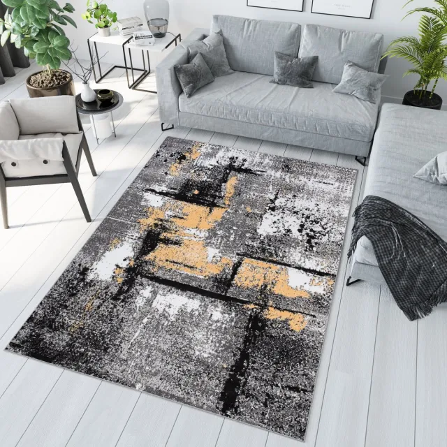 Tapiso Maya Vloerkleed Woonkamer Modern Grijs Tapijt Donkergrijs Geel