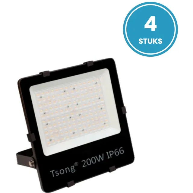 Tsong LED schijnwerper 200W - 4 stuks - Daglichtwit 6000K - 30.000 lm - 150 lm/W - 90° - IP66