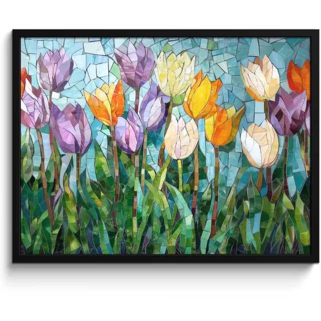 FrameYourWall Poster in lijst - Fotolijst 70x50 cm - Posters - Mozaïek - Veld - Tulpen - Kleurrijk - Posterlijst zwart - Decoratie - Wanddecoratie woonkamer - Muurdecoratie slaapkamer Tulpen - Veld - Mozaïek