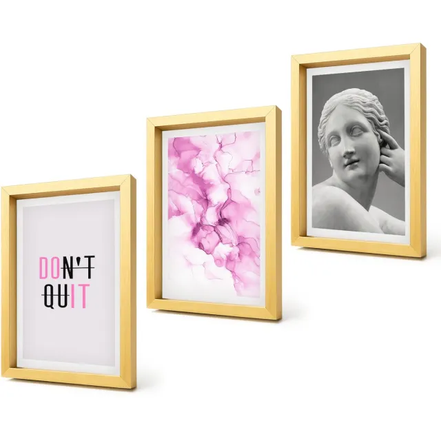 Coloray 4-Delige Schilderij Set - Aquarel Abstractie Inspirerende Slogan Oude Beeldhouwkunst - 20 x 30 cm - Wanddecoratie - Muurdecoratie - Woonkamer Gouden lijst