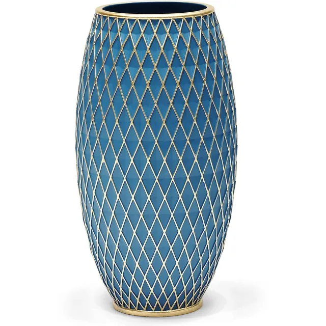 suanti Decoratieve Bloemenvaas Blauw Goud Bloemenhouder Woondecoratie Inwijdingsfeest Geschenk Diamantpatroon Brede Basis Smalle Nek Woonkamer Eetkamer Hal Slaapkamer Goud,blauw