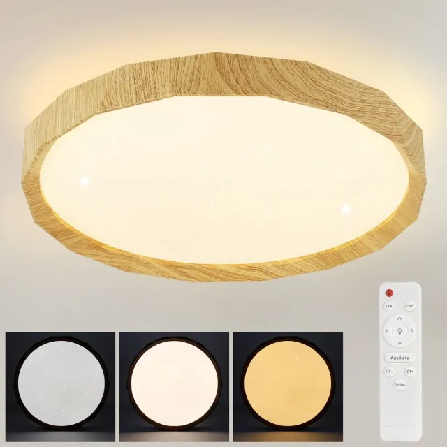NETTLIFE Plafondlamp LED - Hout - rond - 3000-6000K Dimbaar - Metaal - 43W - Moderne Keukenverlichting - met Afstandsbediening - voor Woonkamer | Slaapkamer | Eetkamer - 40cm Geel