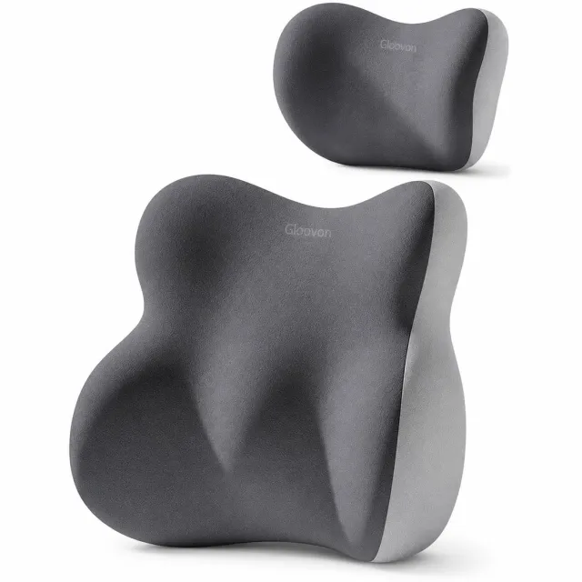 Gloovon Ergonomische Kussenset (2-delig) - Lendensteun & Neksteun - 4-Zone Rugsteun - Traagschuim - Auto & Bureaustoel - Dubbel Grijs