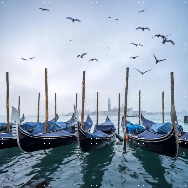 IXXI Gondolas at the pier with San Giorgio Maggiore island in the background, Venice, Italy, Jan Becke - 80 x 80 cm - Grote wanddecoratie en posters Blauw