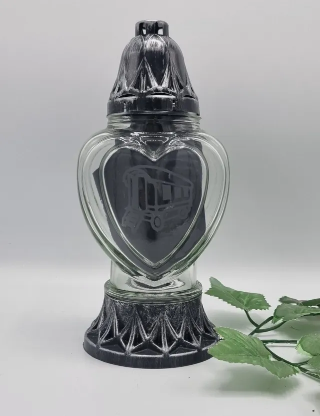 Herdenkingslichtjes Herdenkingslicht - Woonwagen - Geëtst glas - Hart - Zilver - P39 - Grafkaars - Graflantaren - Graflicht - Windlicht