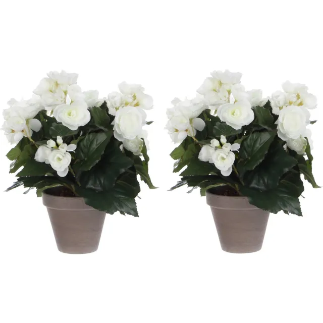 Mica Decorations Mica Decoration Kunstplant - 2x stuks - begonia - wit - in pot - 30 cm - nepplanten