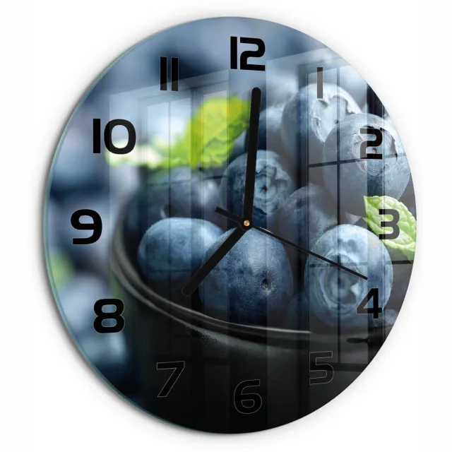 TULUP Wandklok - Bosbessen Wandklok Glas Met Motief - fi30 cm - Blauw Decoratieve Glazen Klok - Zwarte handen - Ronde Klok - Gekleurde Glazen Klok - Glazen Klok Met Print