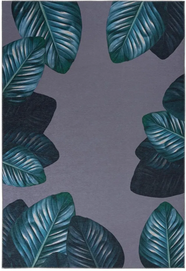 Padiro stijlvol laagpolig vloerkleed 80 x 150 cm - donkergrijs - tropisch bladmotief - voor vloerverwarming - van polyester en vilt