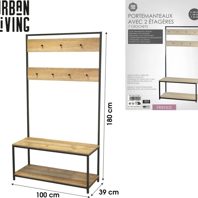 Urban Living "RIVERSIDE" Kapstok met 2 schoenenrekken - 100 x 39 x H180 cm. Zwart en houtlook