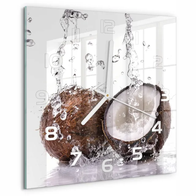 TULUP Wandklok - Kokosnoot en water Wandklok Glas Met Motief - 30x30 cm - Bruin Decoratieve Glazen Klok - Witte handen - Vierkante Klok - Gekleurde Glazen Klok - Glazen Klok Met Print