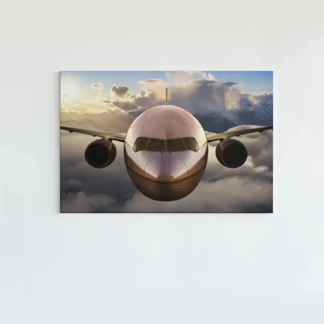 Trendex Global Canvas Schilderij – Vliegtuig Boven de Wolken – Moderne Wanddecoratie - 60x40x2 cm Bruin