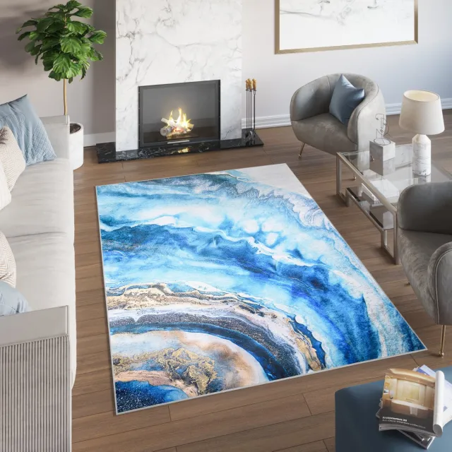 Tapiso Toscana Vloerkleed Blauw Gouden Abstract Golven Tapijt