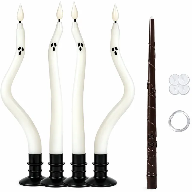 SWGOTA led kaarsen, set van 4, S-vorm met spookgezichten, warmwit flikkerlicht, met 4 ronde voetjes en toverstaf met 2 knoppen voor Halloween
