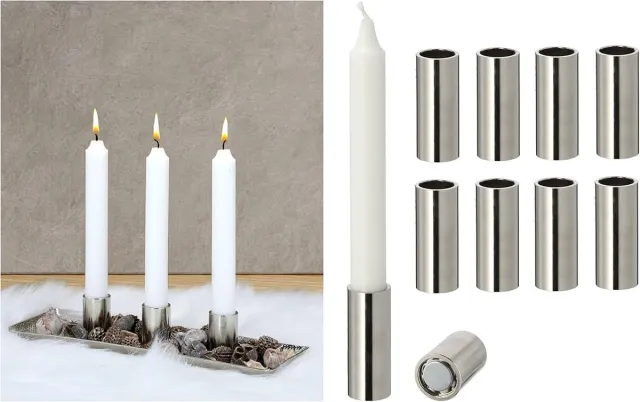 Novaliv 8x kaarsenhouders voor stokkaarsen magnetisch zilver 2,5x7,5cm tafeldecoratie kaarsenmondstuk woonkamerdecoratie kaarsenhouder kerstkaarshouder scandinavisch chic magneet tafelkaarsen