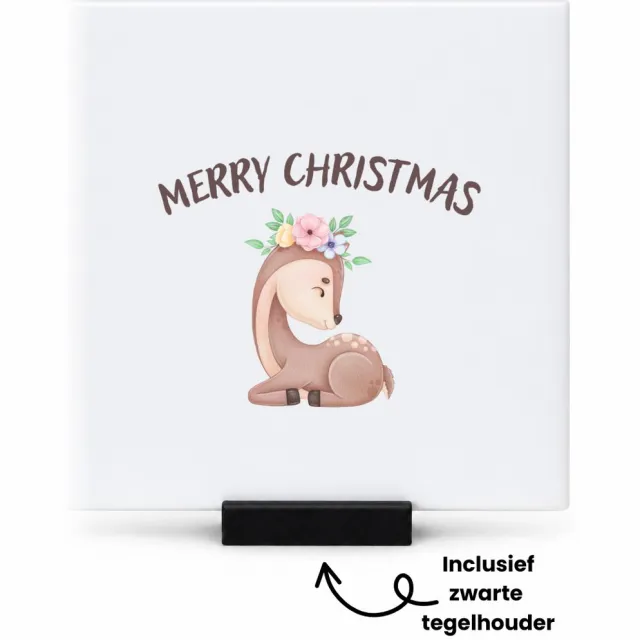 Hacebo Kerst rendier tegeltje met tegelhouder - Kerstmis - Kerst beker - tegeltjes met tekst - winter - kerst - christmas - kerst cadeau - spreuktegels - 10.8x10.8 CM Wit