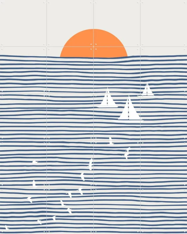 IXXI Three White Sails, Little Dean & Various - 80 x 100 cm - Grote wanddecoratie en posters - Grafisch Ontwerp, Line art, Strepen, Abstract Blauw / Wit / Oranje