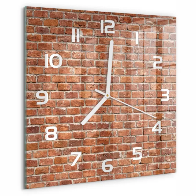 TULUP Wandklok - Bakstenen muur Klok Glas Met Opdruk - 30x30 cm - Bruin Moderne Wandklok Glas - Witte handen - Vierkante Klok - Decoratieve Glazen Klok - Glazen Wandklok Design