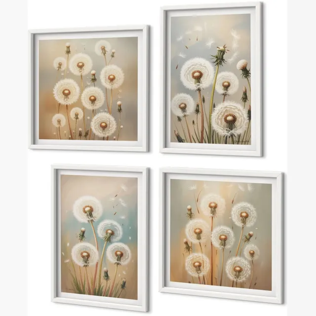 Coloray 4-Delige Schilderij Set - Paardenbloemen Op Een Pastelkleurige Achtergrond - 40 x 40 En 40 x 60 - Stijlvolle Muurdecoratie - Slaapkamer Witte lijst