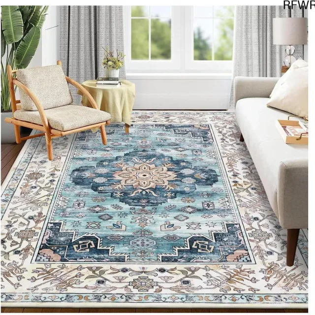 RFWR Groot Vintage Vloerkleed 120 x 180 cm | Wasbaar en Slipvast Boho Design voor Slaapkamer, Eetkamer en Keuken Donkergrijs