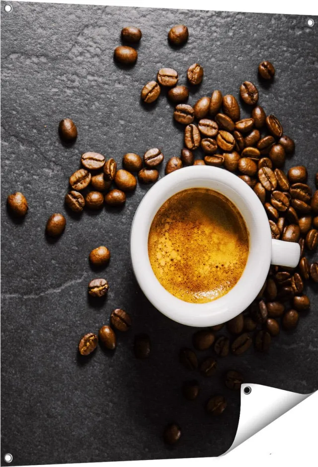 Gards Tuinposter Kopje Koffie met Koffiebonen - 80x100 cm - Tuindoek - Tuindecoratie - Wanddecoratie buiten - Tuinschilderij Multikleur