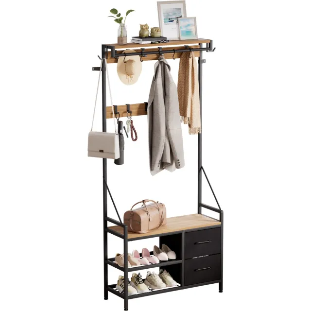 Casamoda Kapstok met Schoenenrek en Laden - B80 x D40 x H180 cm - Extra Diep Garderoberek - 17 Haken - Halkast - Moderne Kast - Hangend - Staand - Metaal/Hout - Goud Eiken/Zwart