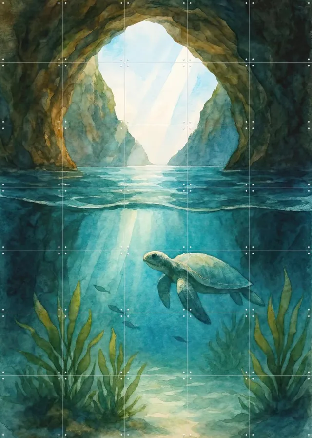 IXXI Zeeschildpad Onder Water in Verborgen Grot, Natalie Bruns - 100 x 140 cm - Grote wanddecoratie en posters - Realisme, Naturalisme, Illustraties Groen / Blauw / Rustig