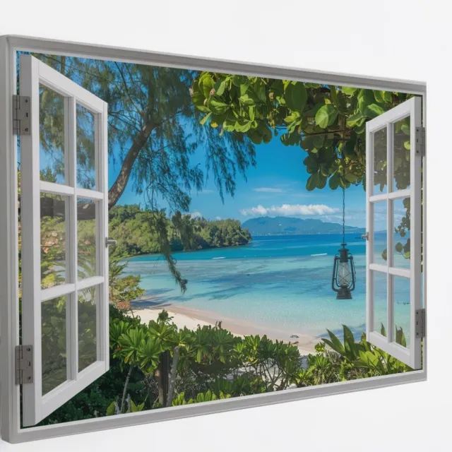 Saammp Canvas Schilderij - tropisch Strand en zee - Natuur - Doorkijk - 90x60 - Foto op canvas - Wanddecoratie - Muurdecoratie Woonkamer - Slaapkamer decoratie - Canvas Print Multicolor