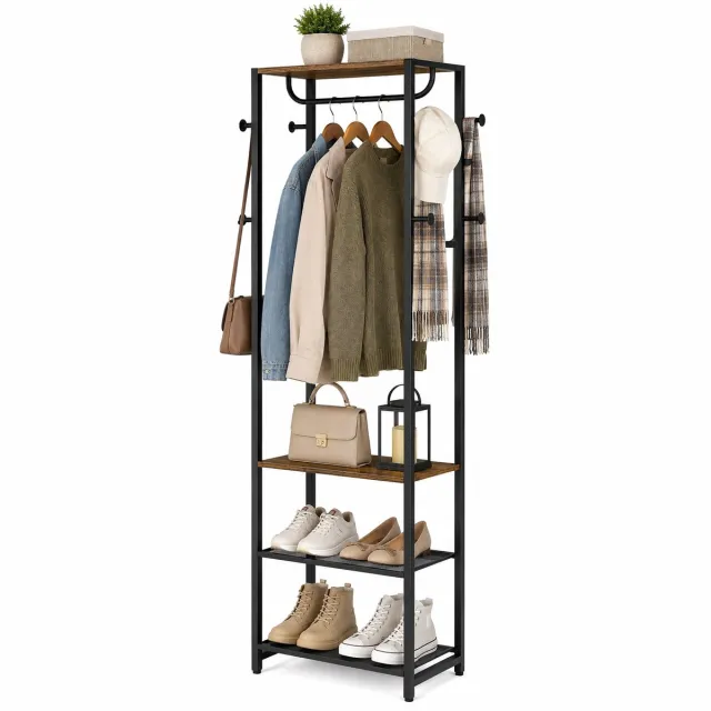 Signature Home Kapstok met Schoenenrek – 6-in-1 Garderoberek met Kledingroede, Haken, Schoenenbank & Opbergrekken – Vintage Bruin/Zwart - 30 x 40 x 180 cm bruin - zwart