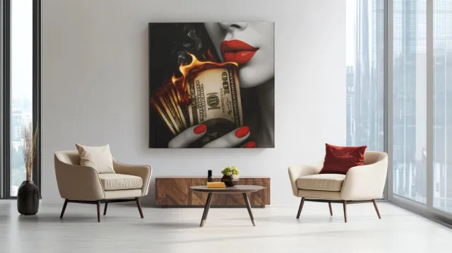 Trendex Global Vierkant Canvas Schilderij - Branden Geld - Rode Lippen - 100x100 cm Rood