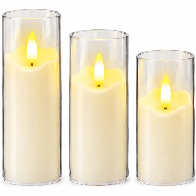 SWGOTA led kaarsen 5 x 10 cm met glazen omhulsel, golvende kaarsrand en spits vlamvormig led-element - 12 stuks per displaydoos Ivoorwit
