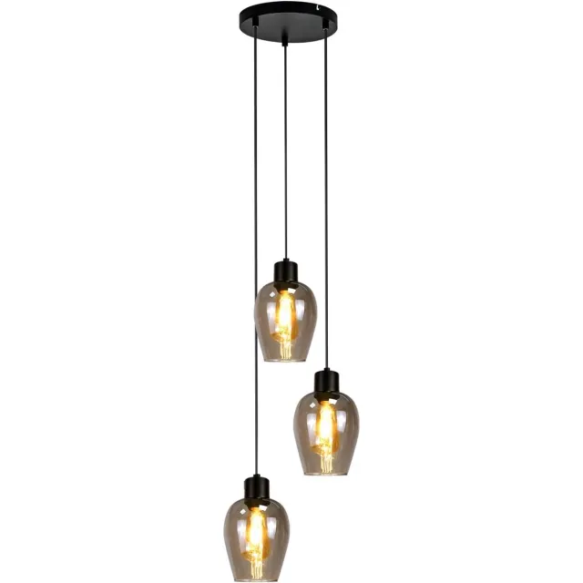 Glitzerlife Hanglampen - Retro-Industriële stijl - 3xE27 - rookgrijs glaskap - mat zwart metaal - hoogte verstelbaar - Ø22cm - Eetkamer Slaapkamer Woonkamer - Eetkamer Industrieel Mat Zwart Schijf