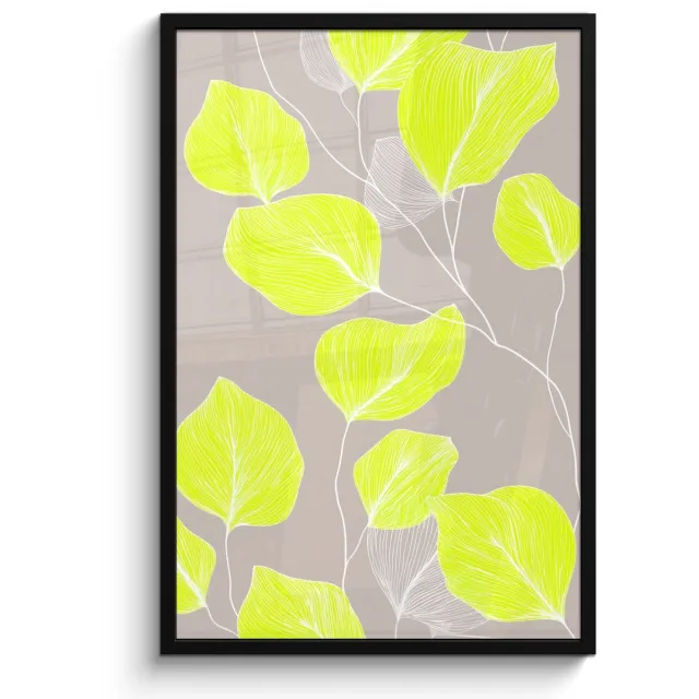FrameYourWall Poster in lijst - Fotolijst 60x90 cm - Posters - Bladeren - Neon - Geel - Lijnen - Posterlijst zwart - Decoratie - Wanddecoratie woonkamer - Muurdecoratie slaapkamer Bladeren - Lijnen - Neon