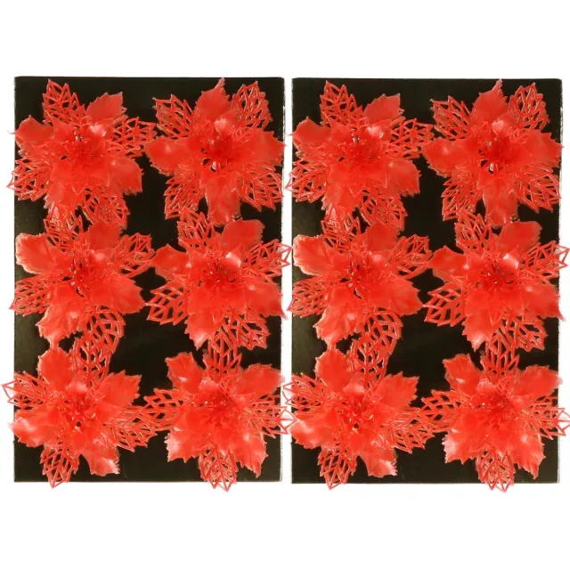Gerimport Kerstboom bloemen op clip - 12x stuks - rood - kunststof - kerstornamenten
