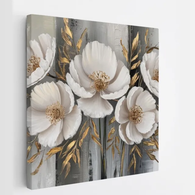 Saammp Canvas Schilderij - Abstracte bloemen met goud - 20x20 - Foto op canvas - Wanddecoratie - Muurdecoratie Woonkamer - Kantoor Decoratie Multicolor