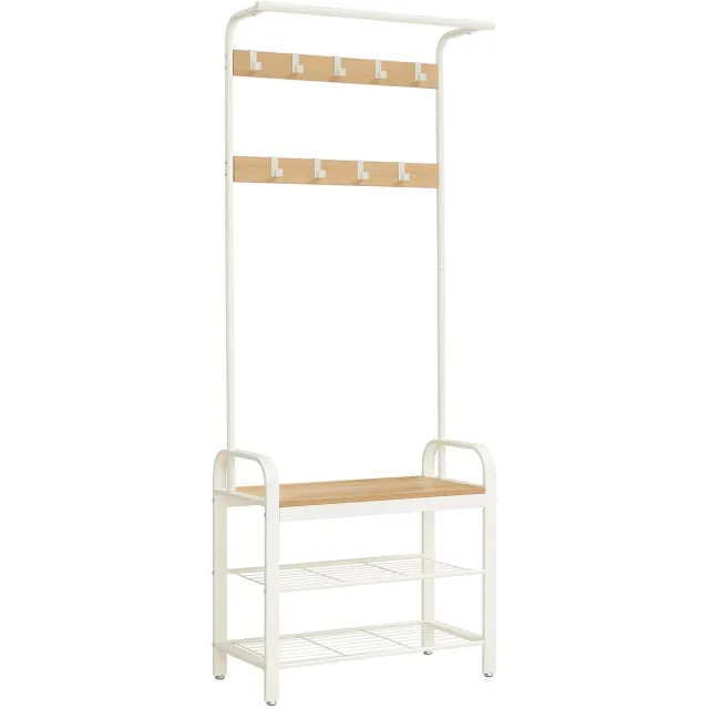 Archi Kapstok met Schoenenrek – Kledingrek – Kapstok Staand - Garderobe rek met Bankje – 9 Haken - Schoenenrek – 183 cm – Wit/Hout