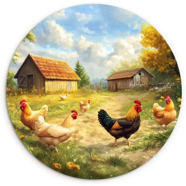 WallCircle Wandcirkel 30x30 cm - Muurcirkel Kippen - Landelijke rust - Natuur - Muurdecoratie woonkamer - Wanddecoratie slaapkamer - Kamer decoratie accessoires - Ronde schilderijen Kippen - Natuur