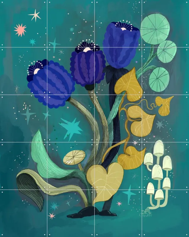 IXXI Magic Teal Flower Garden, Lena Addink - 80 x 100 cm - Grote wanddecoratie en posters - Speels, Illustraties, Fantasierijk, Kleurrijk, Modern Blauw / Groen