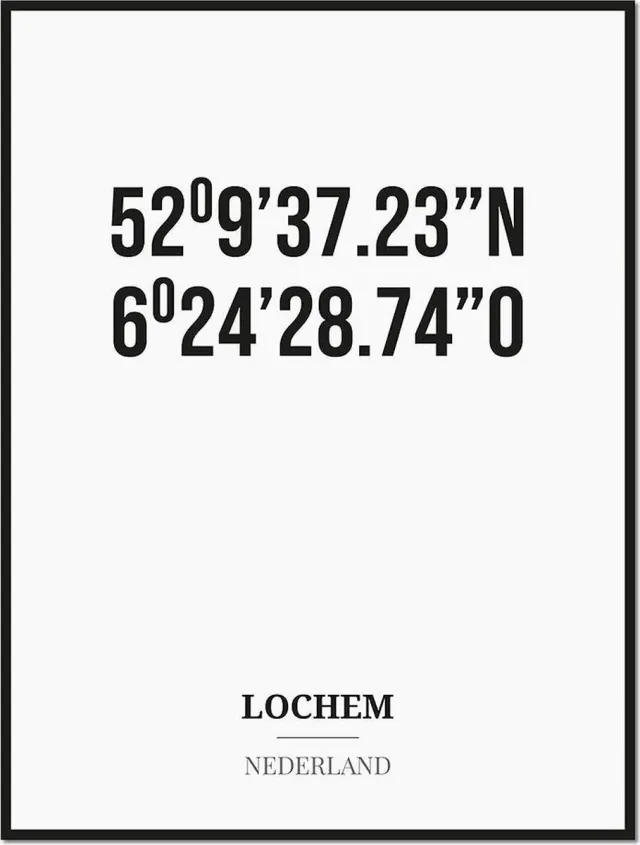 Studio216 Poster/kaart LOCHEM met coördinaten zwart, wit
