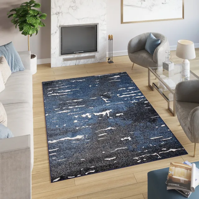 Tapiso Breeze K Vloerkleed Donker Blauw Abstract Tapijt Donkergrijs Blauw