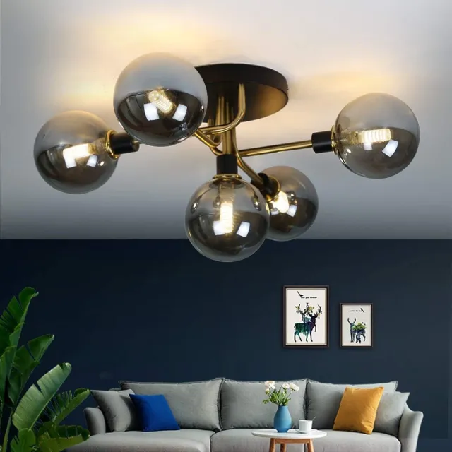 Glitzerlife Plafondlamp - Vintage Glazen Bol - G9 5-Lichts Kroonluchter - Rookgrijs Messing - Warm Sfeervol Licht - Ø67cm