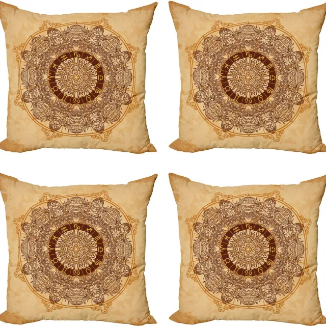 ABAKUHAUS Tanning Gooi Kussenhoes 4-pack, Astrology Aged, Modern Accent Dubbelzijdige Digitale Print, 40 x 40 cm, Tan Brown