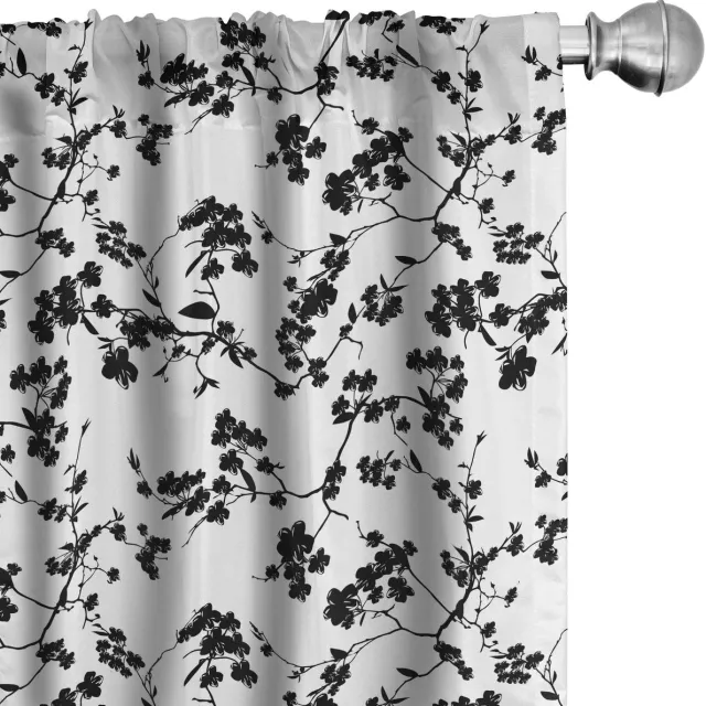 ABAKUHAUS 2-delige set voorhangen Sakura Blooom Silhouette – 75×225 cm – microvezel – Zwart/Wit Wit Zwart