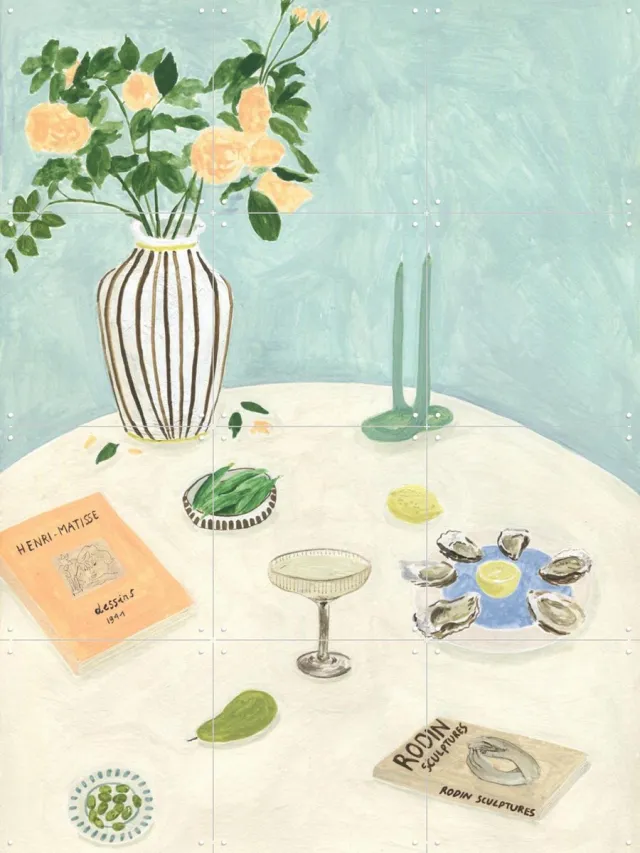 IXXI Oysters and Art Books, Isabelle Vandeplassche - 60 x 80 cm - Grote wanddecoratie en posters - Aquarel, Illustraties, Woonkamer, Eetkamer, Keuken Lichte tinten / Groen