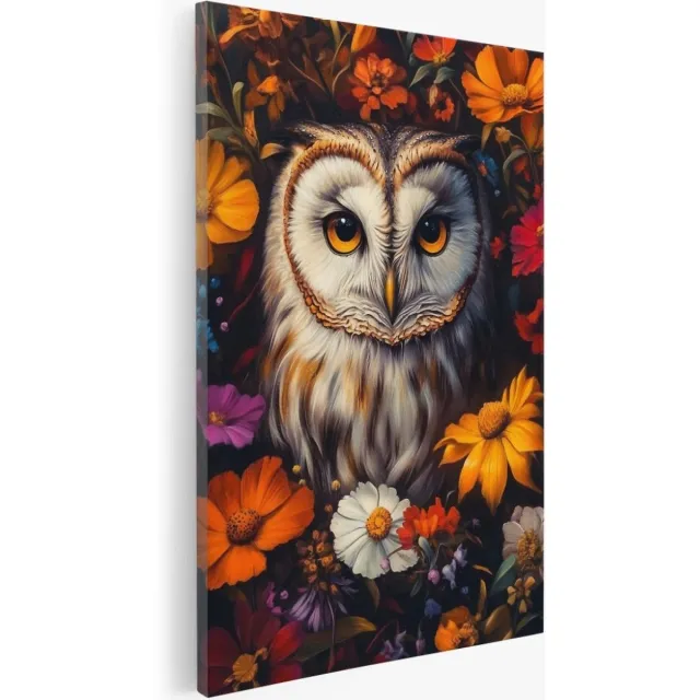 Saammp Canvas Schilderij - Uil tussen kleurrijke bloemen - Abstract - Dieren - 60x90 - Foto op canvas - Wanddecoratie - Muurdecoratie Woonkamer - Slaapkamer decoratie - Canvas Print Multicolor