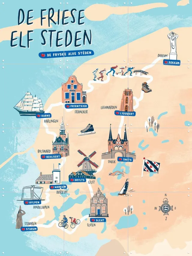 IXXI Elfsteden, Revista Ontwerp & Kunst in Kaart - 60 x 80 cm - Grote wanddecoratie en posters - Illustraties, Gang, Trap, Bezienswaardigheden Blauw