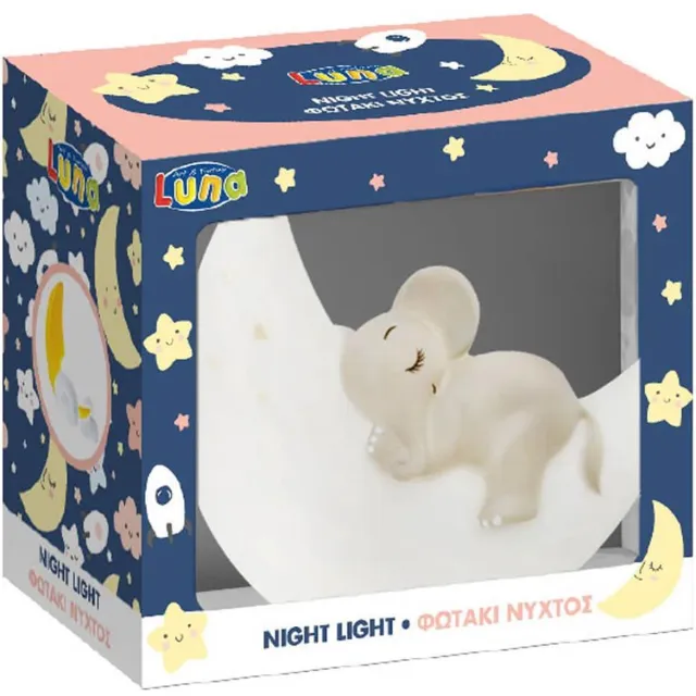 LUNA TOYS Maan & Olifant Nachtlamp – Nachtlicht 15,5×6,8×13,5 cm – Met 4 Kleuren – Kindvriendelijk Wit