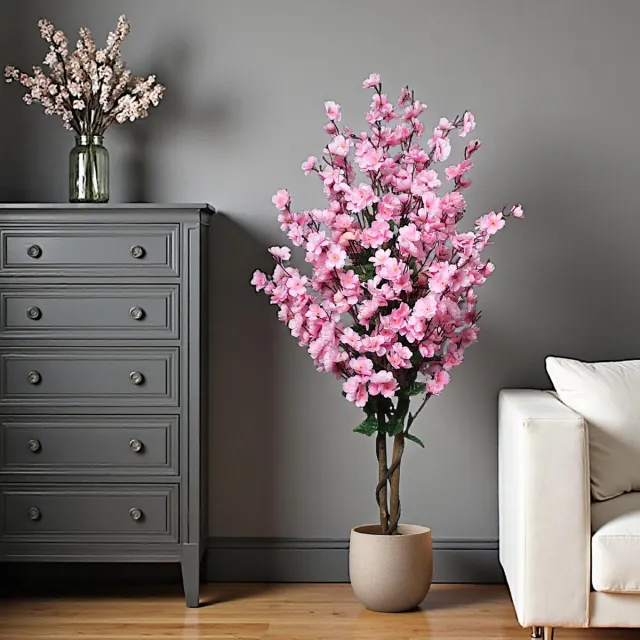 Famanu Kunstplant bloeiende boom, 120 cm hoog, winterzoet kunstplant met bloemen in pot, perfecte lenteplant in roze kleur