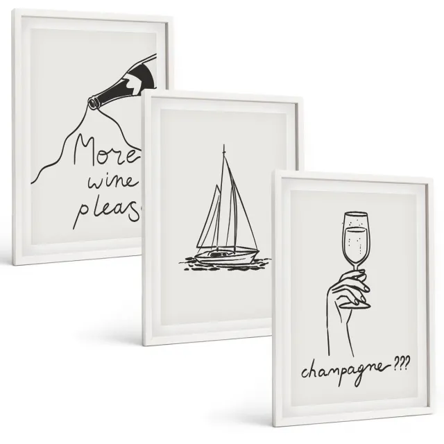 Coloray 3-Delige Schilderij Set - Wijn Zeilboot Champagneglas Lineaire Stijl - 40 x 60 - Muurdecoratie - Interieur Decoratie - Woonkamer Decoratie Witte lijst